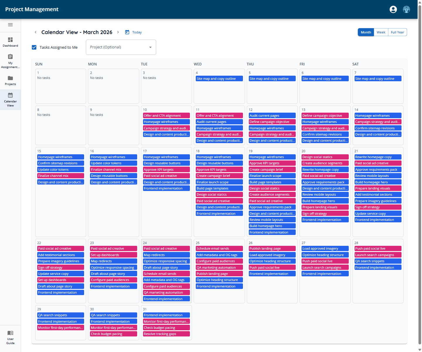 Project management monthly calendar view with tasks laid out by day
