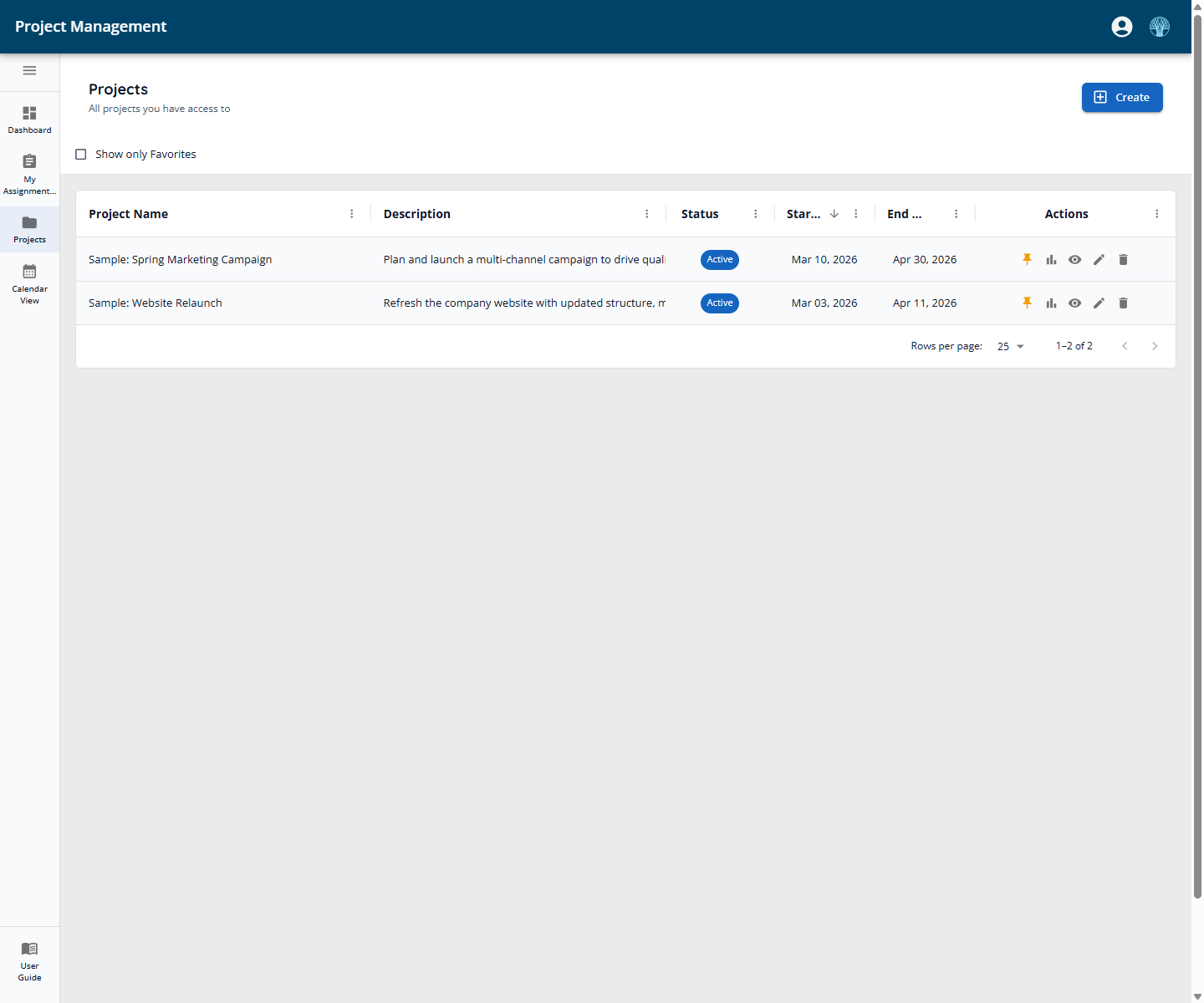 Projects list with status, start and end dates, and quick actions