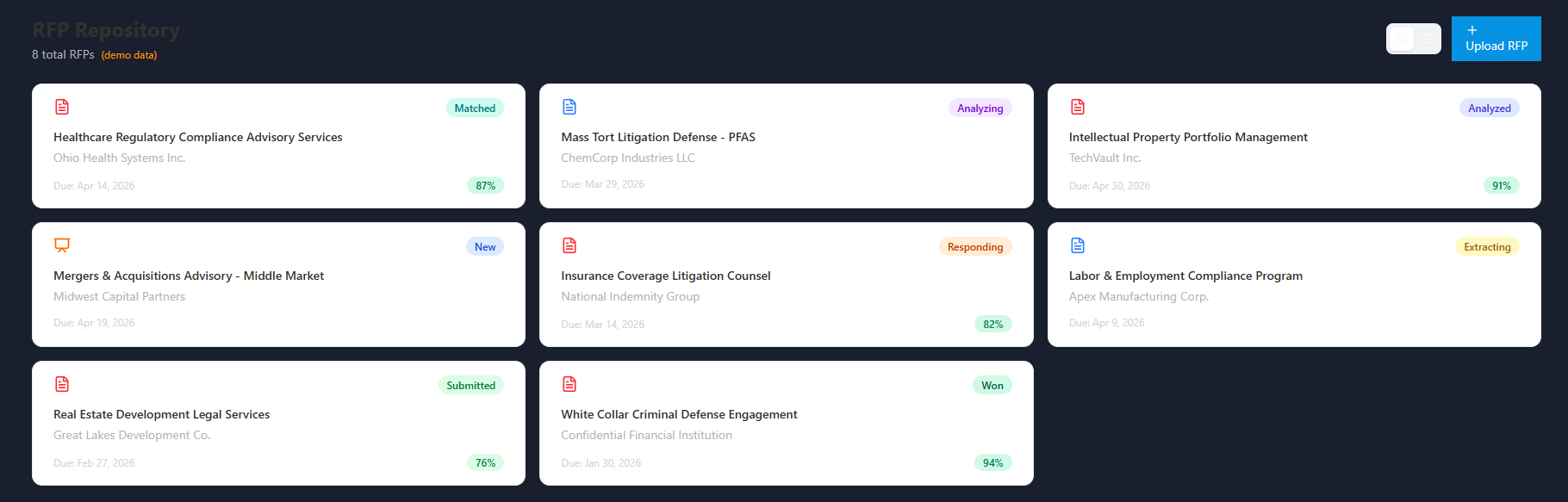 RFP repository of proposals with client, due date, status, and match percentage