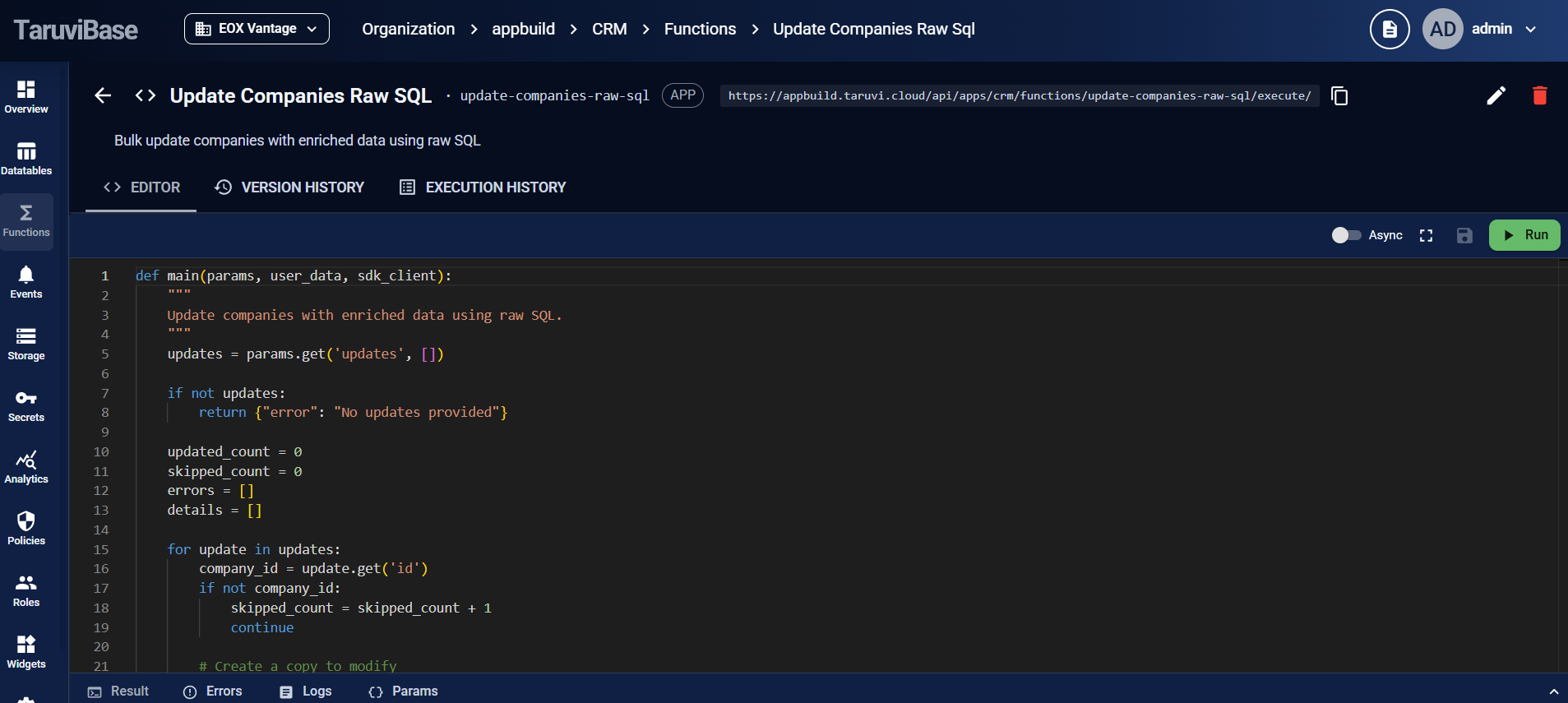 TaruviBase serverless functions view