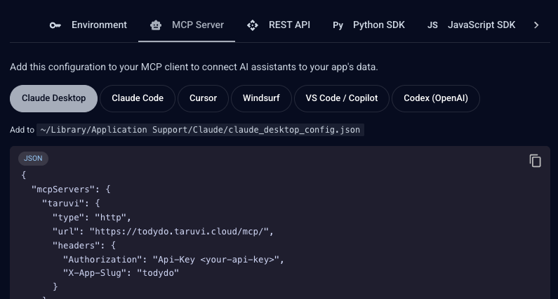 TaruviBase MCP server configuration for connecting AI assistants such as Claude Desktop.
