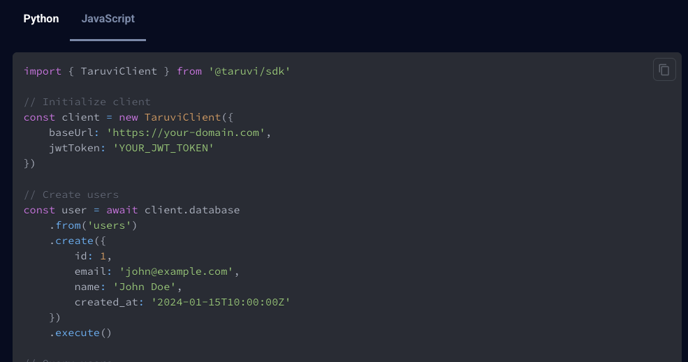 TaruviBase SDK example — initialize the client and create a user (Python and JavaScript).