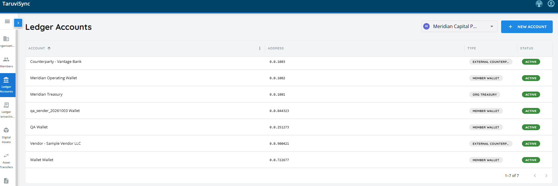 TaruviSync ledger accounts table with treasury, member wallets, and external counterparties