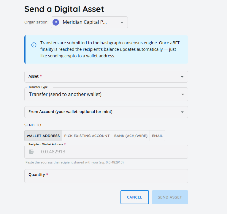 TaruviSync send a digital asset form with wallet address, account, and quantity