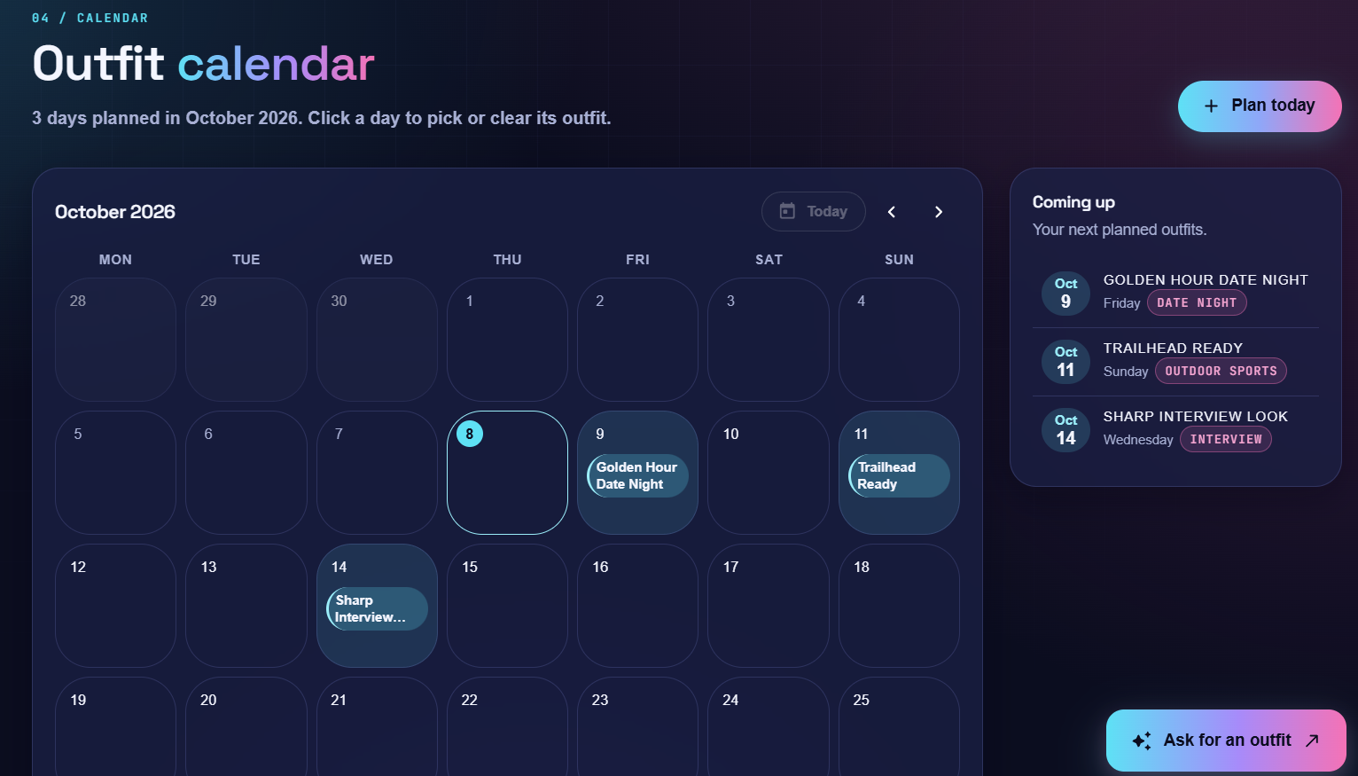 Outfit calendar with planned looks for the month and an upcoming-outfits list